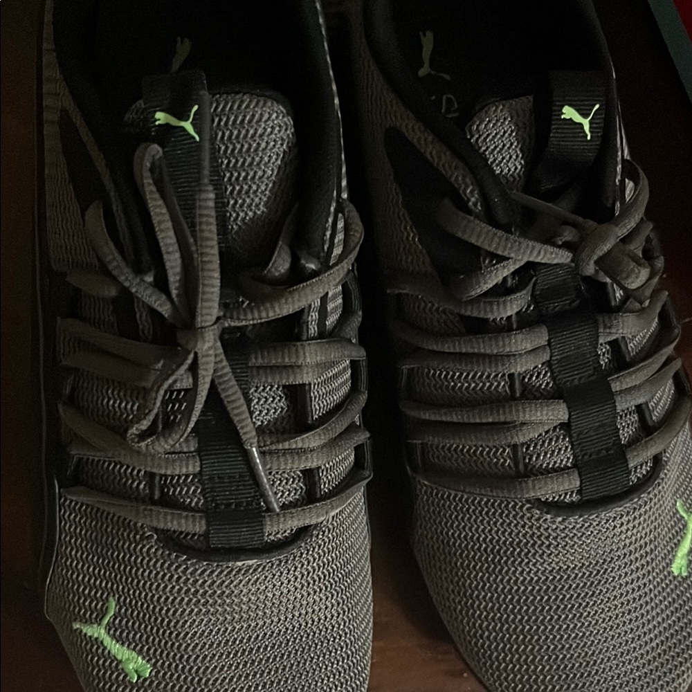 Puma Gray and Black Sneakers with Green Logo